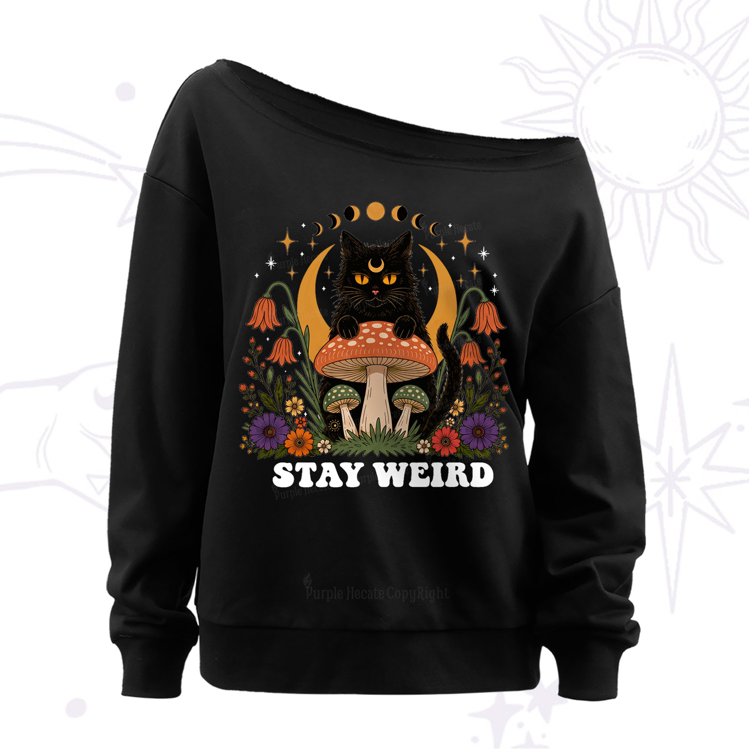 Purplehecate Stay Weird Black Cat Off The Shoulder Sweatshirt