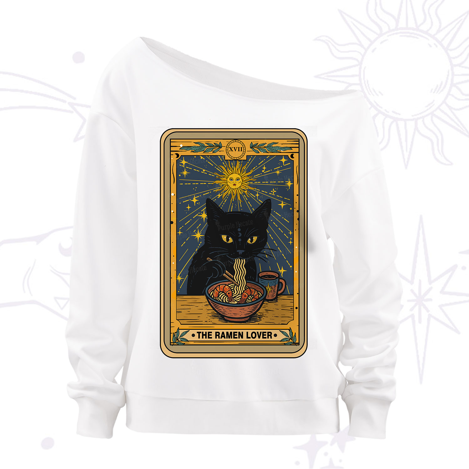 Purplehecate The Ramen Lover Cat Tarot Off The Shoulder Sweatshirt
