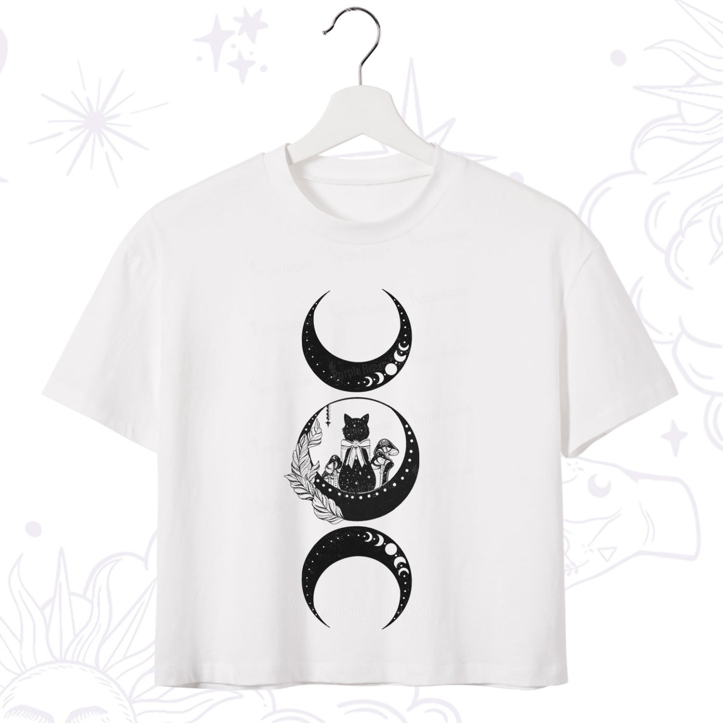Purplehecate Cat And Moon Phases Crop T-Shirt
