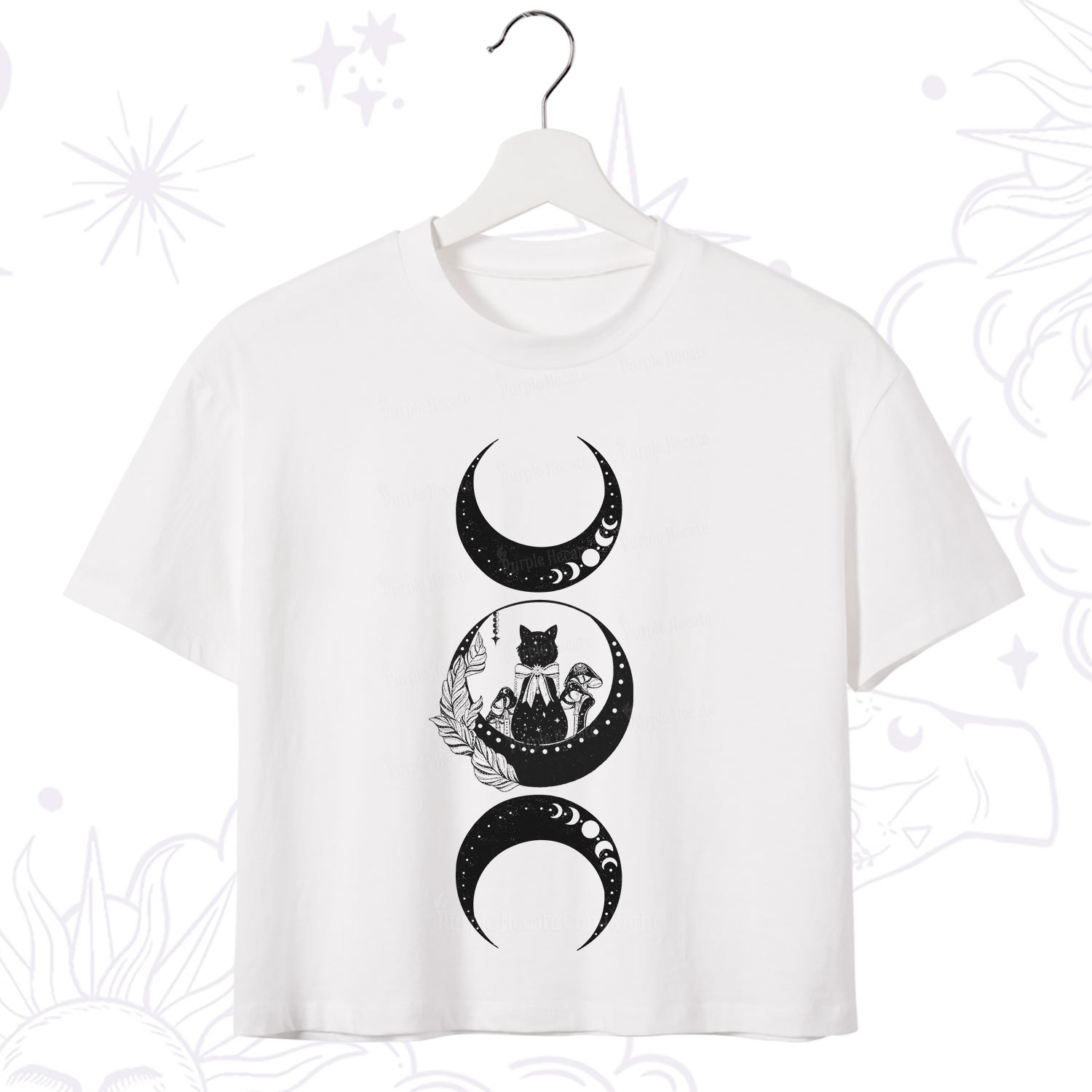 Purplehecate Cat And Moon Phases Crop T-Shirt