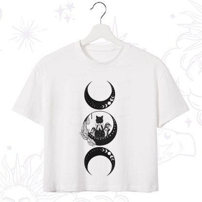 Purplehecate Cat And Moon Phases Crop T-Shirt