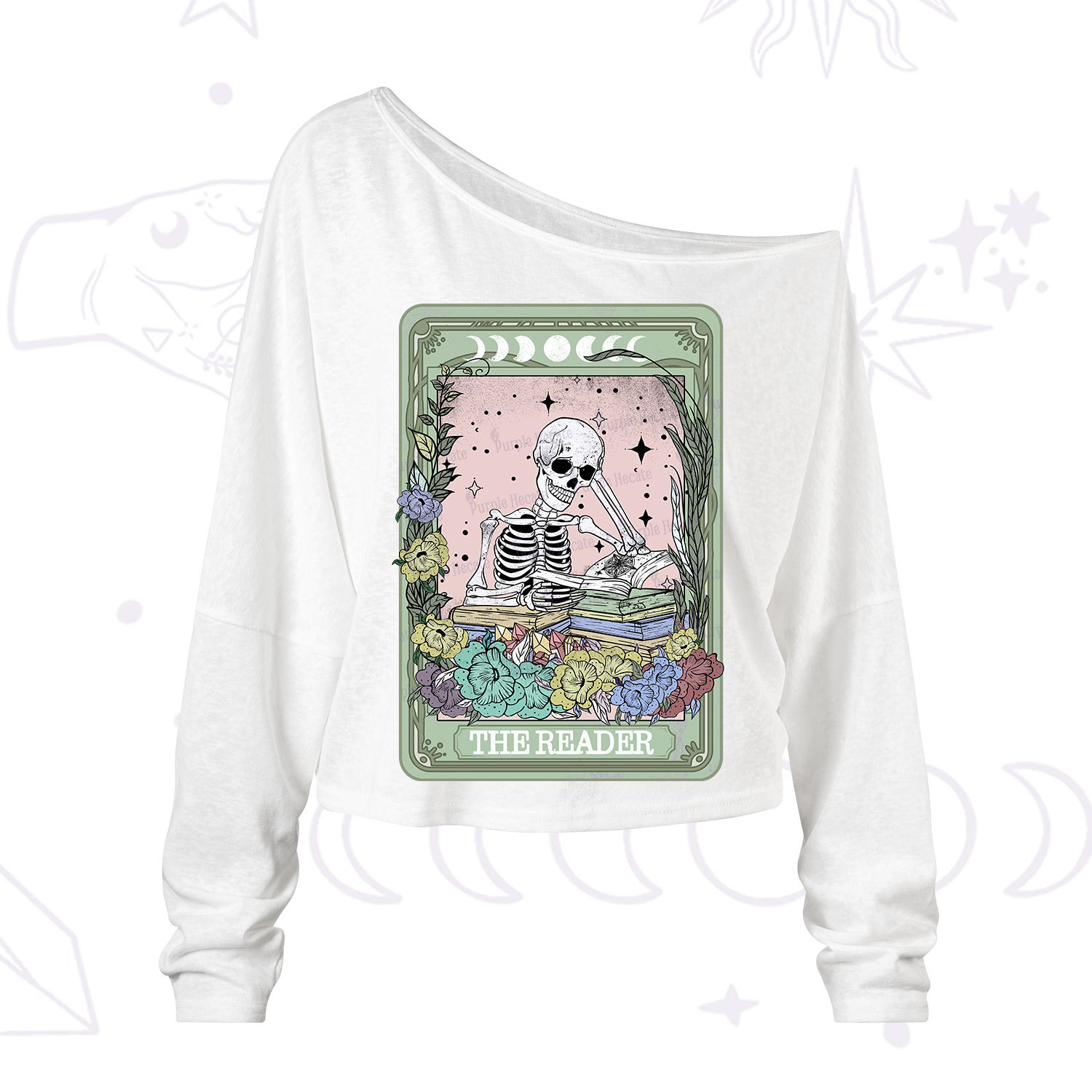 Purplehecate The Reader Bookworm Tarot Skeleton One Shoulder Long Sleeve Shirt