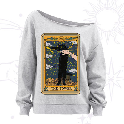 Purplehecate The Tower Cats Tarot Off The Shoulder Sweatshirt