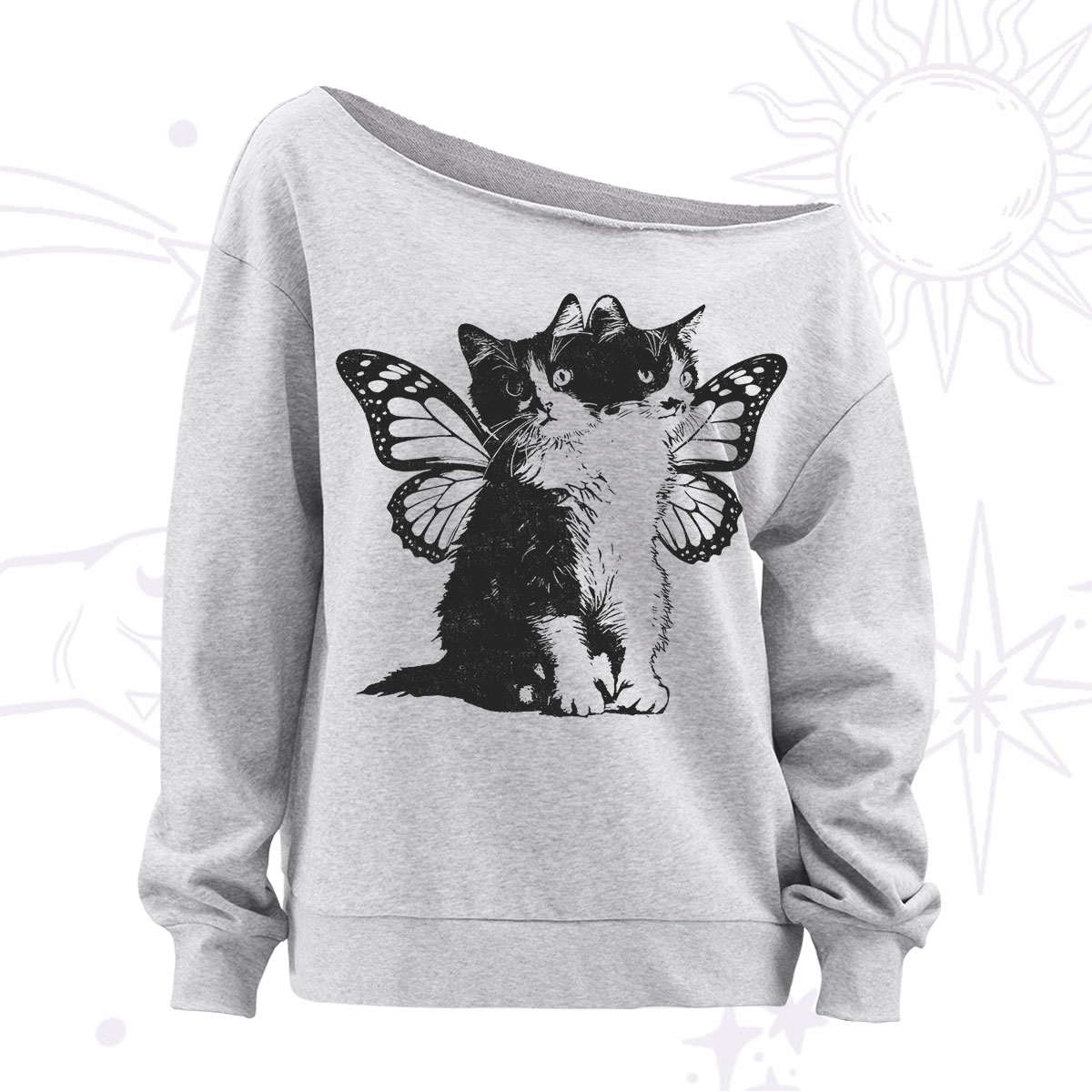 Purplehecate Mystery Butterfly Cat Off The Shoulder Sweatshirt