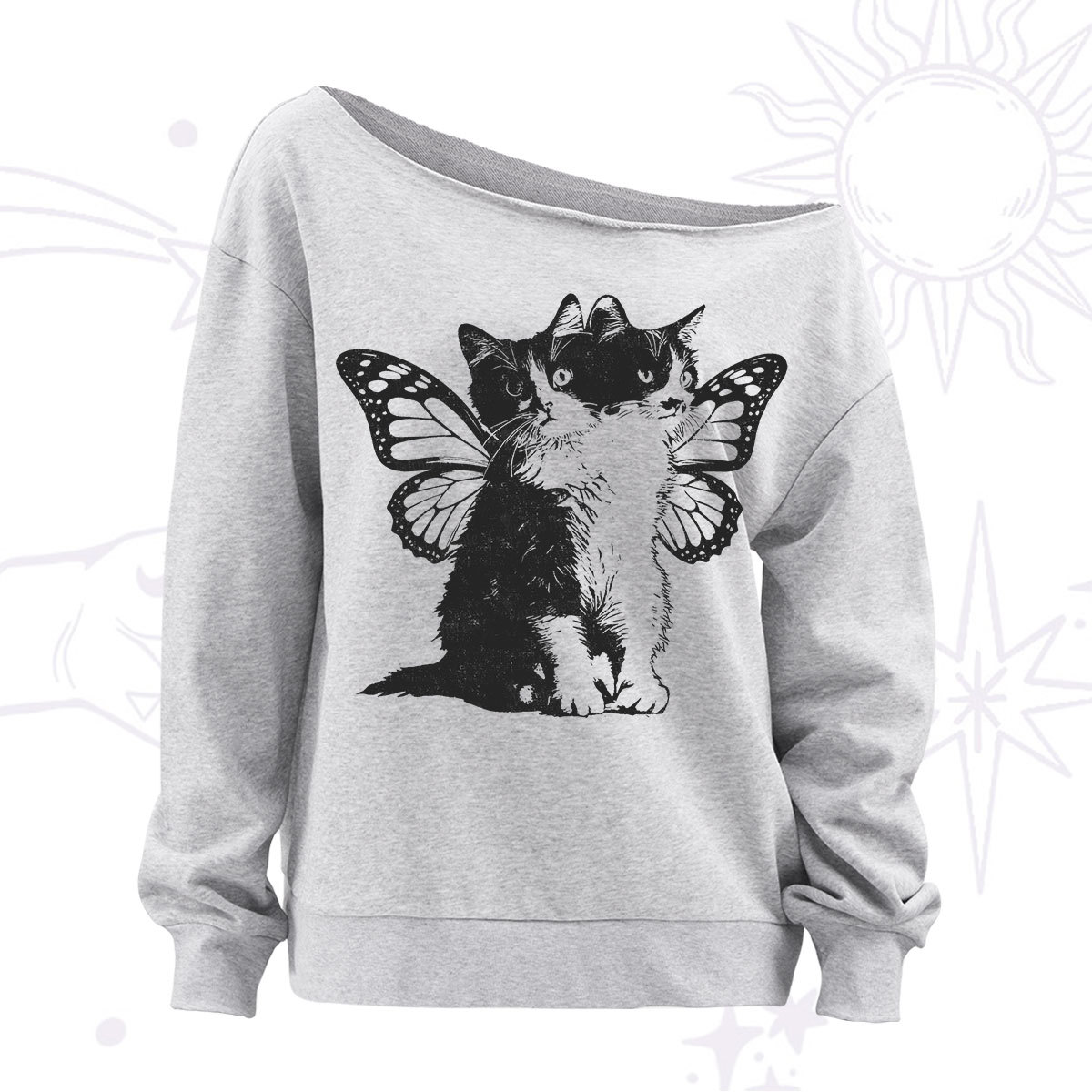 Purplehecate Mystery Butterfly Cat Off The Shoulder Sweatshirt
