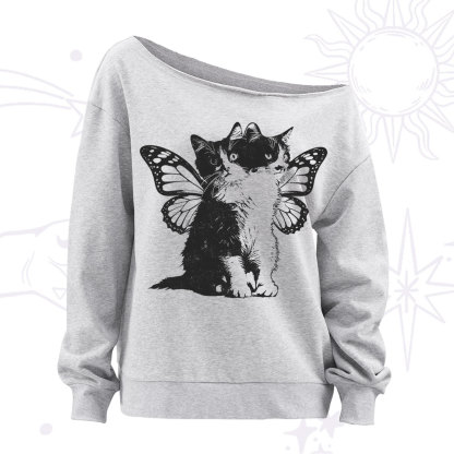 Purplehecate Mystery Butterfly Cat Off The Shoulder Sweatshirt