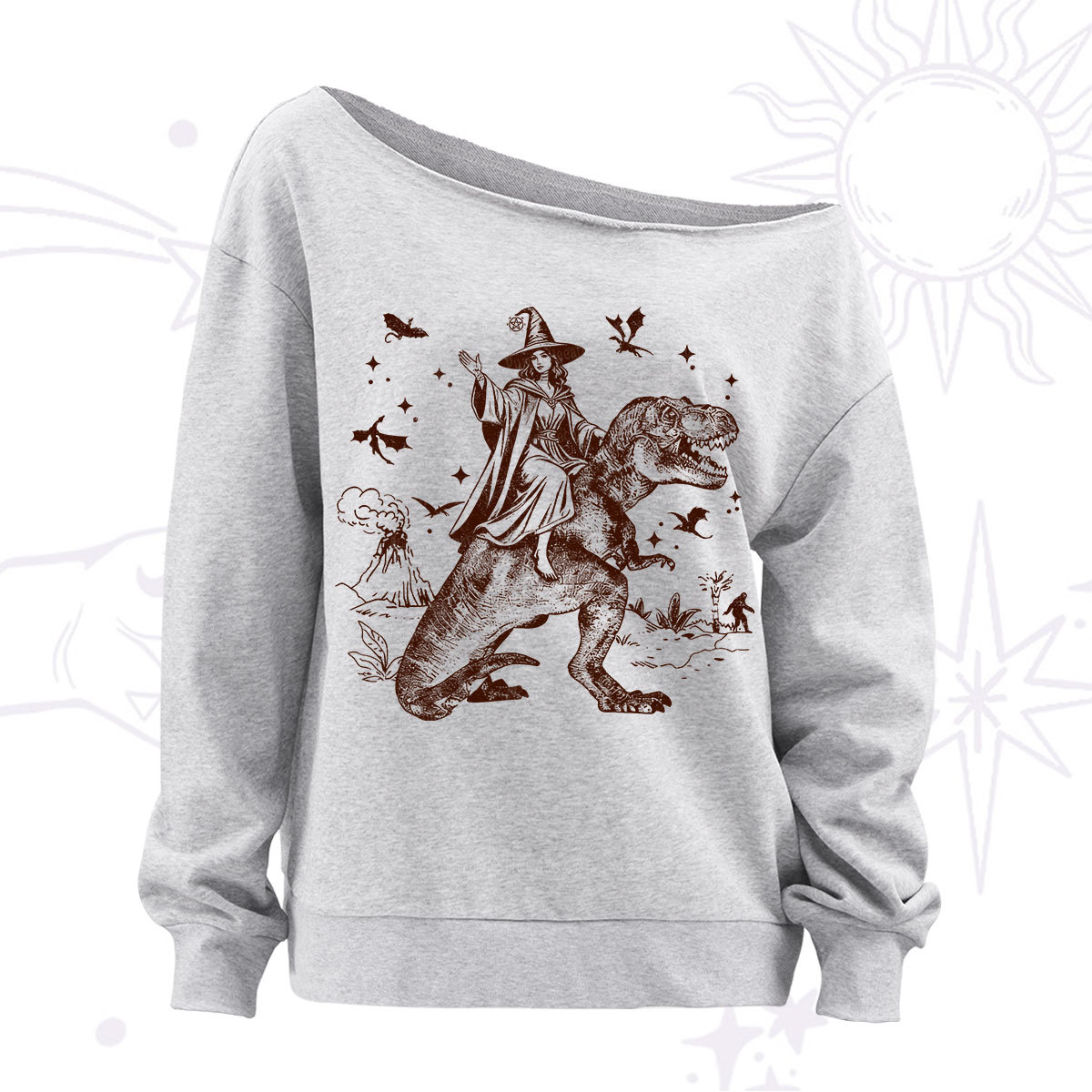 Purplehecate Witch Riding Dino Off The Shoulder Sweatshirt