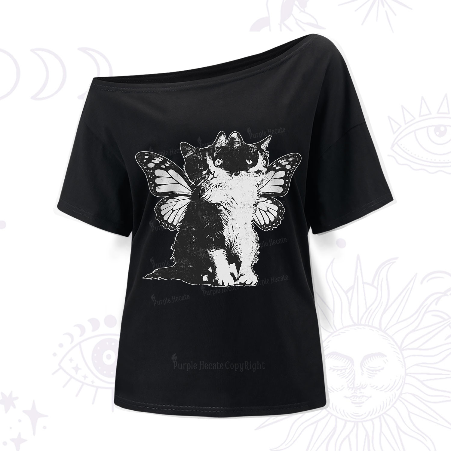 Purplehecate Mystery Butterfly Cat One Shoulder T-Shirt