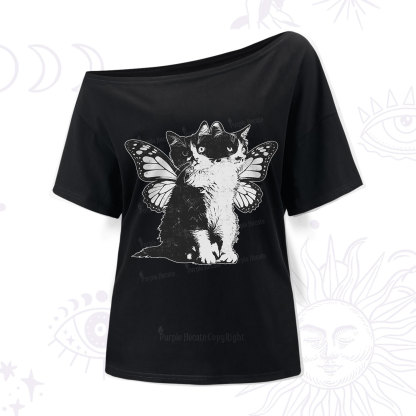 Purplehecate Mystery Butterfly Cat One Shoulder T-Shirt
