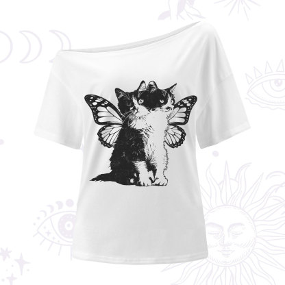 Purplehecate Mystery Butterfly Cat One Shoulder T-Shirt