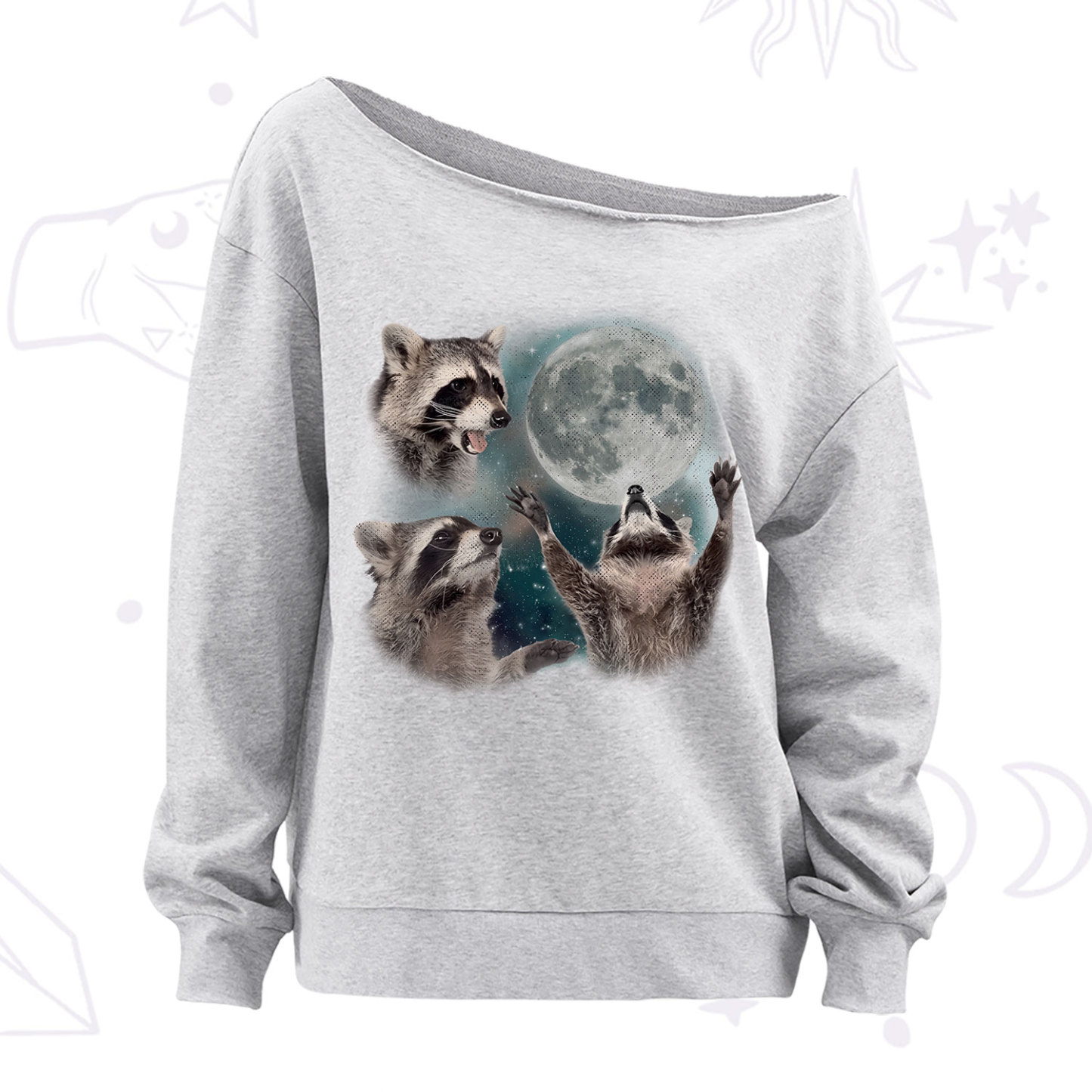 Purplehecate Three Raccoons Retro Graphic Off The Shoulder Sweatshirt
