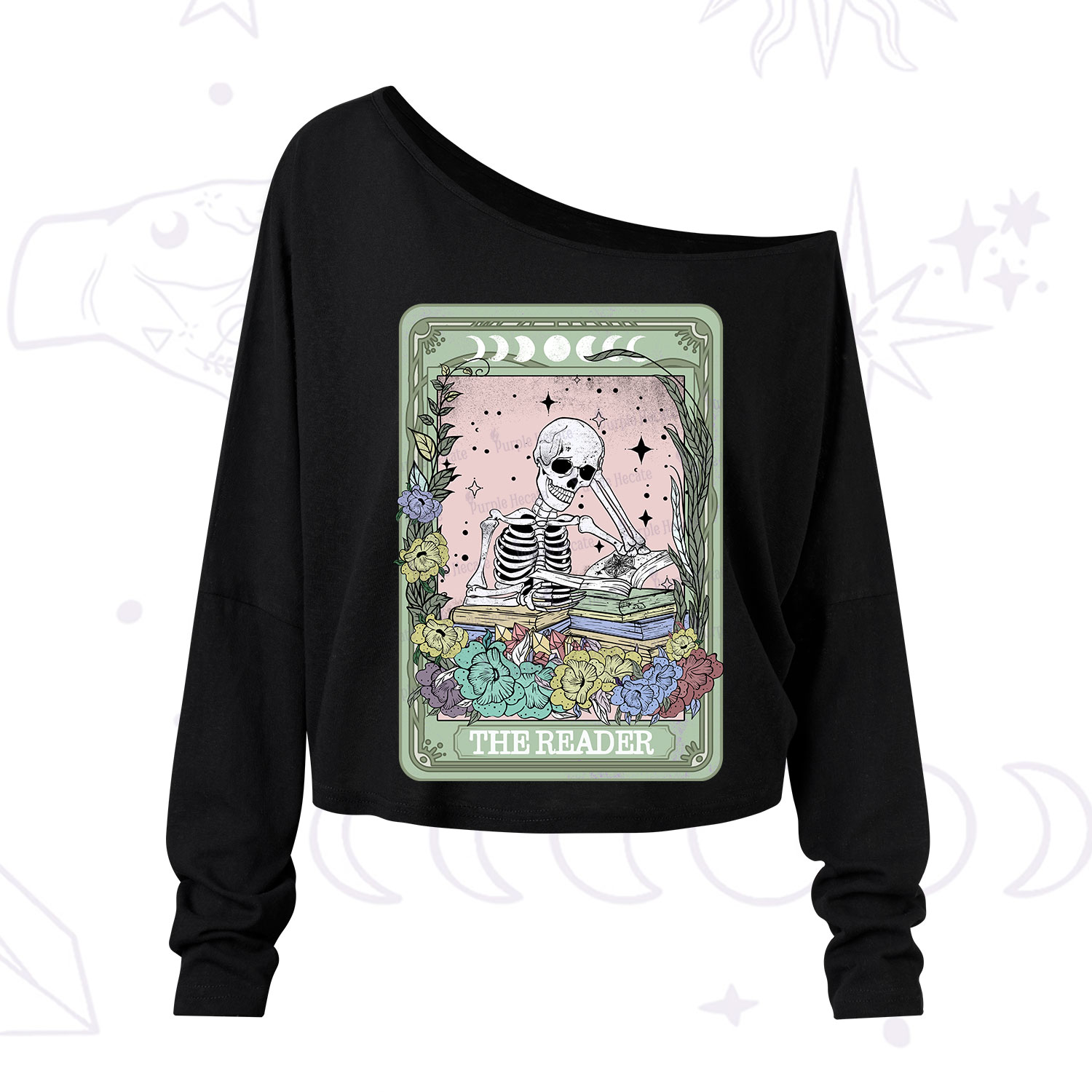 Purplehecate The Reader Bookworm Tarot Skeleton One Shoulder Long Sleeve Shirt