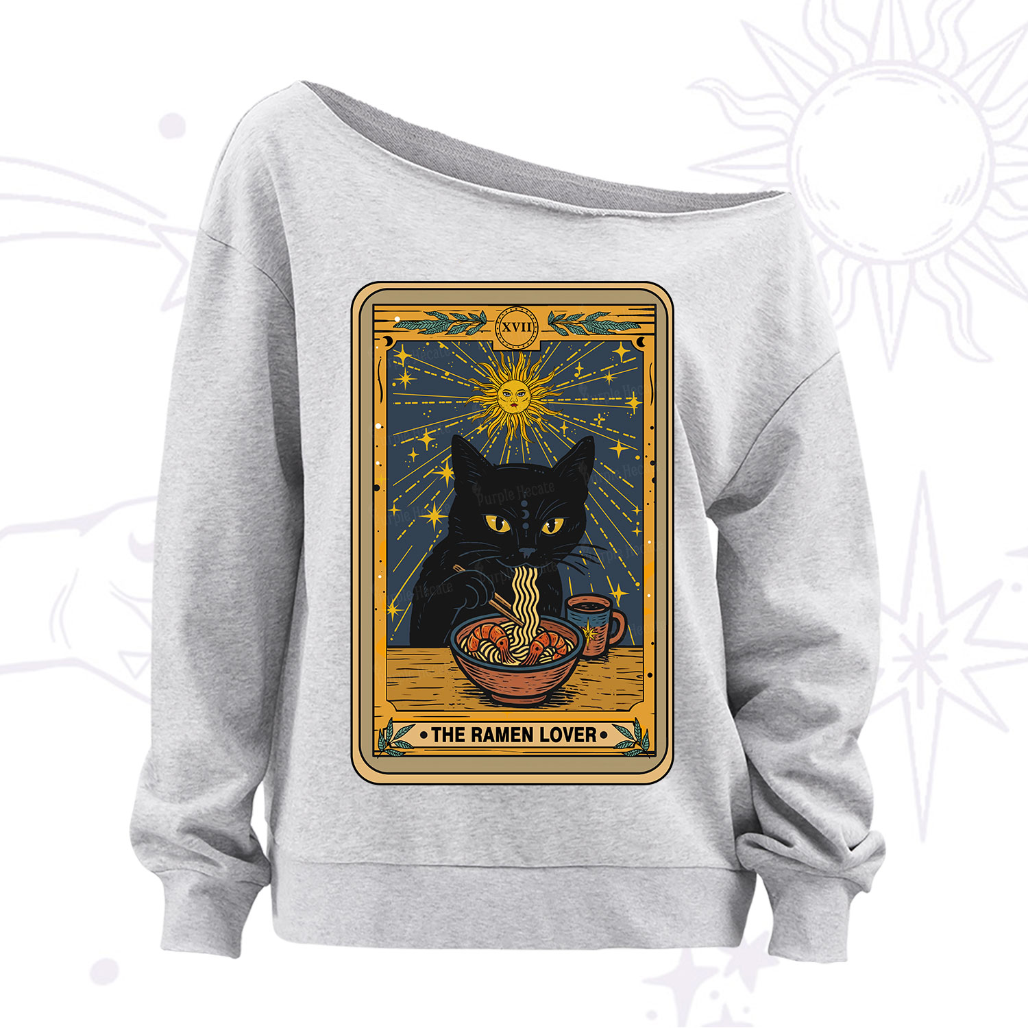 Purplehecate The Ramen Lover Cat Tarot Off The Shoulder Sweatshirt