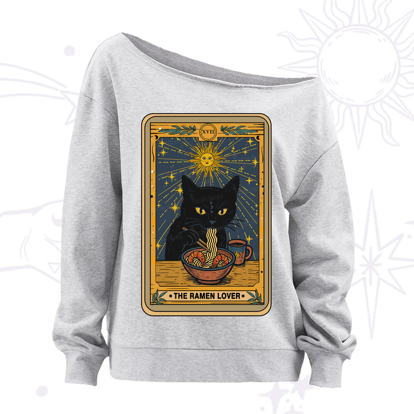 Purplehecate The Ramen Lover Cat Tarot Off The Shoulder Sweatshirt
