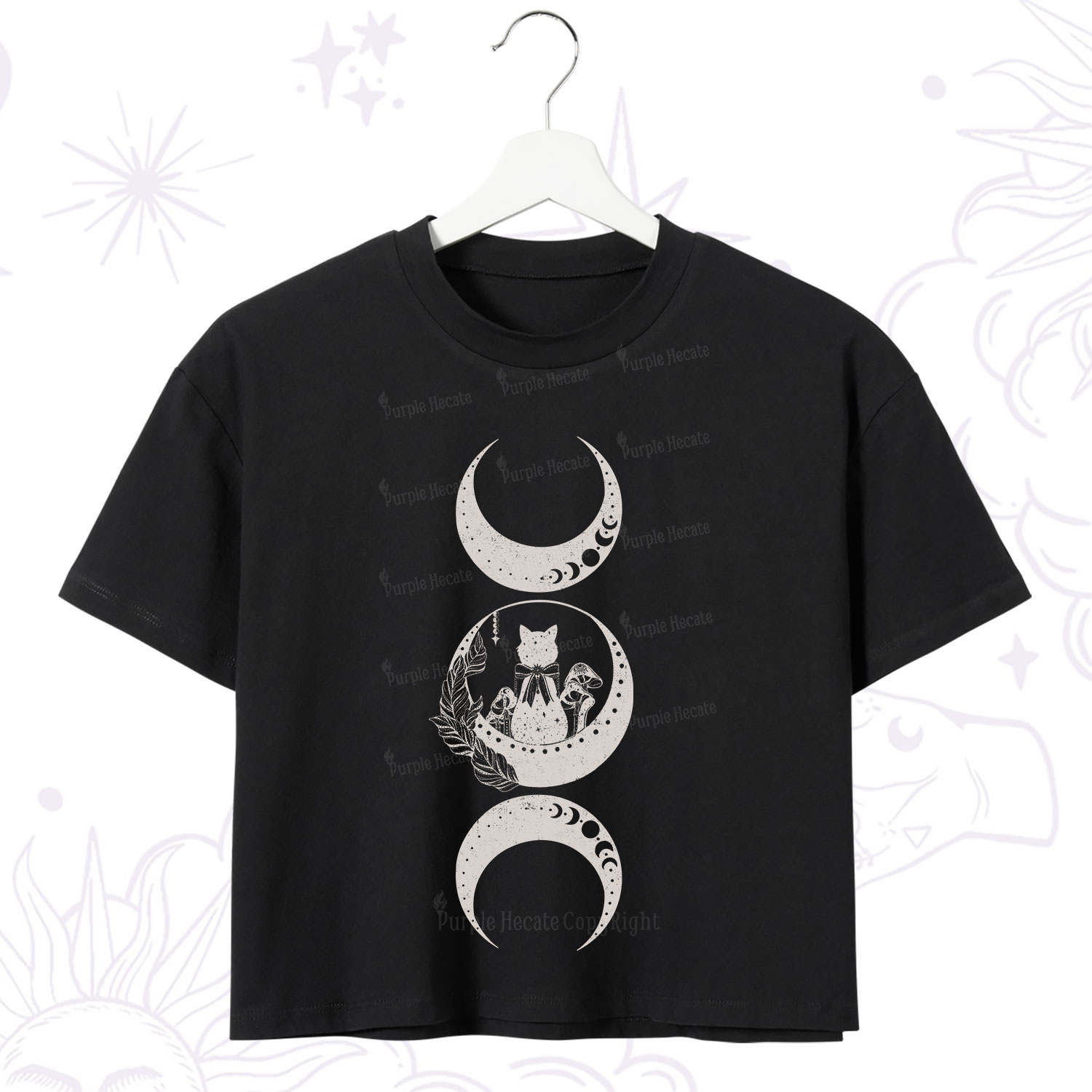 Purplehecate Cat And Moon Phases Crop T-Shirt
