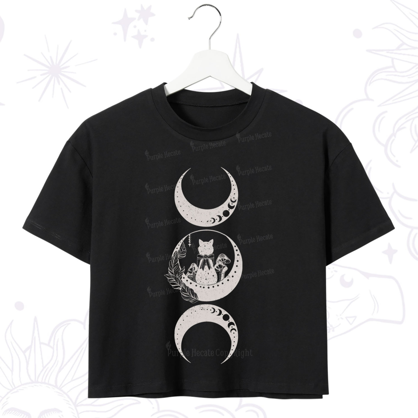 Purplehecate Cat And Moon Phases Crop T-Shirt