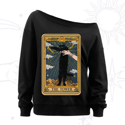 Purplehecate The Tower Cats Tarot Off The Shoulder Sweatshirt