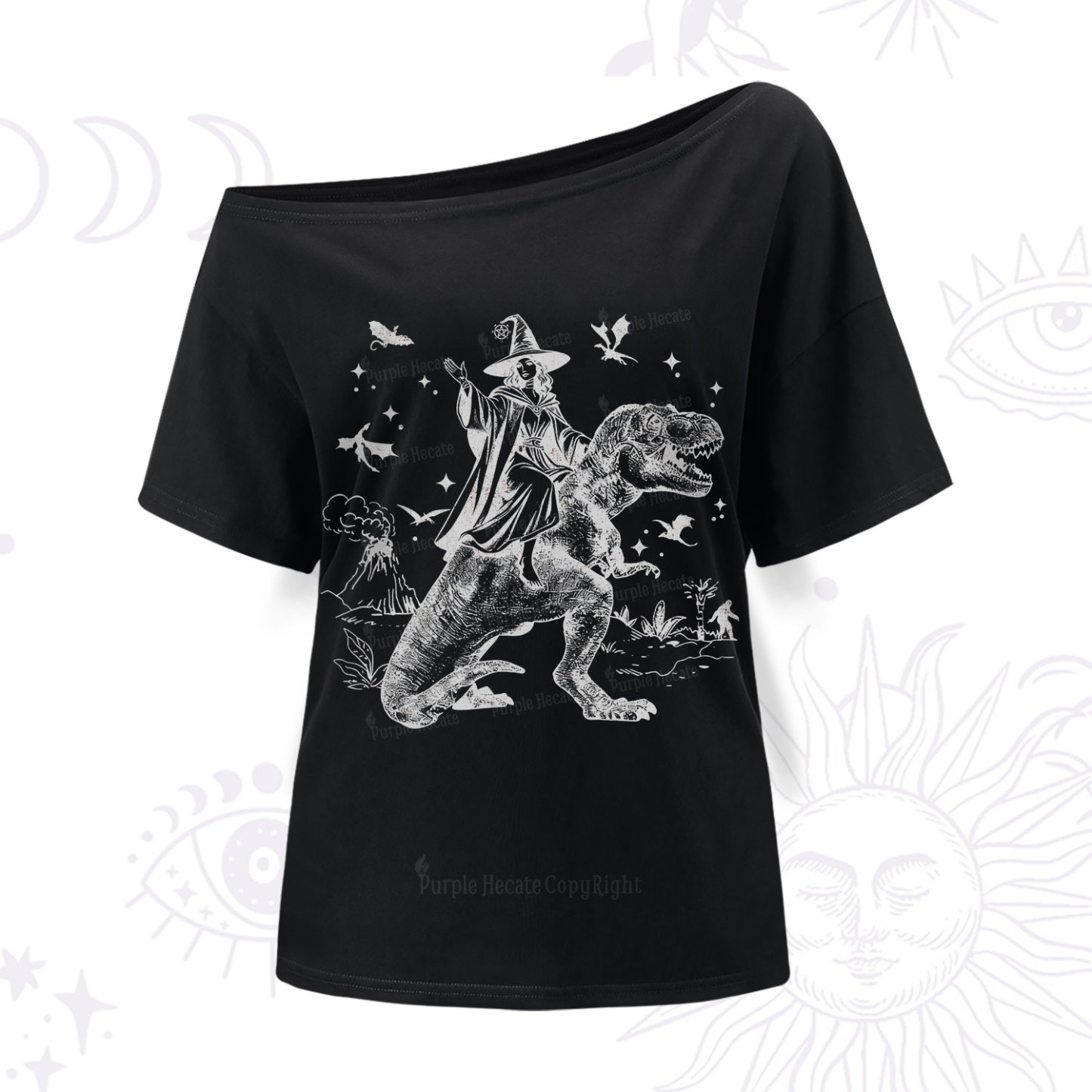 Purplehecate Witch Riding Dino One Shoulder T-Shir