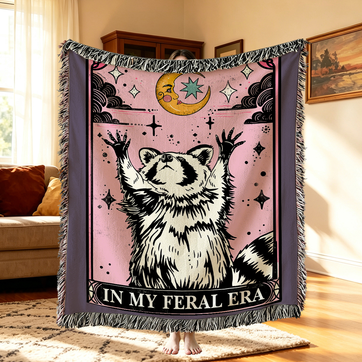 Purplehecate The In My Feral Era Tarot Raccoon Woven Tapestry Blanket