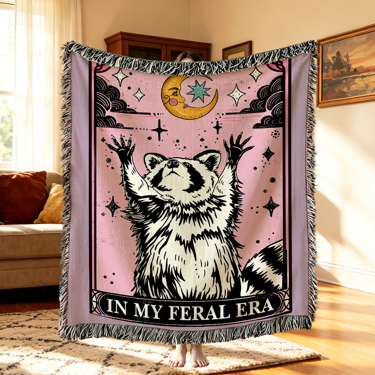 Purplehecate The In My Feral Era Tarot Raccoon Woven Tapestry Blanket