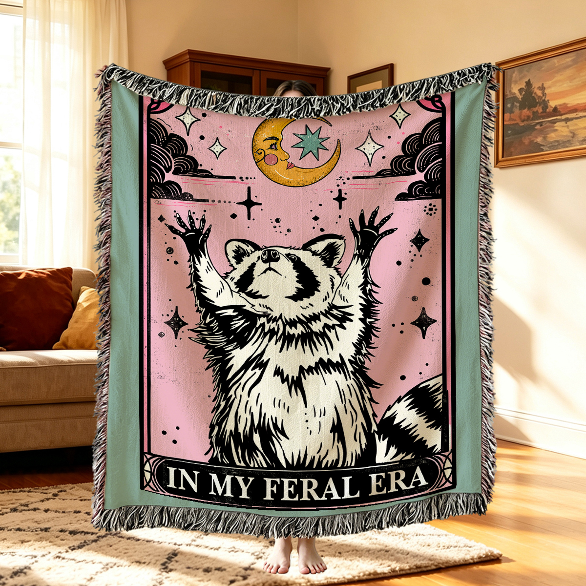 Purplehecate The In My Feral Era Tarot Raccoon Woven Tapestry Blanket