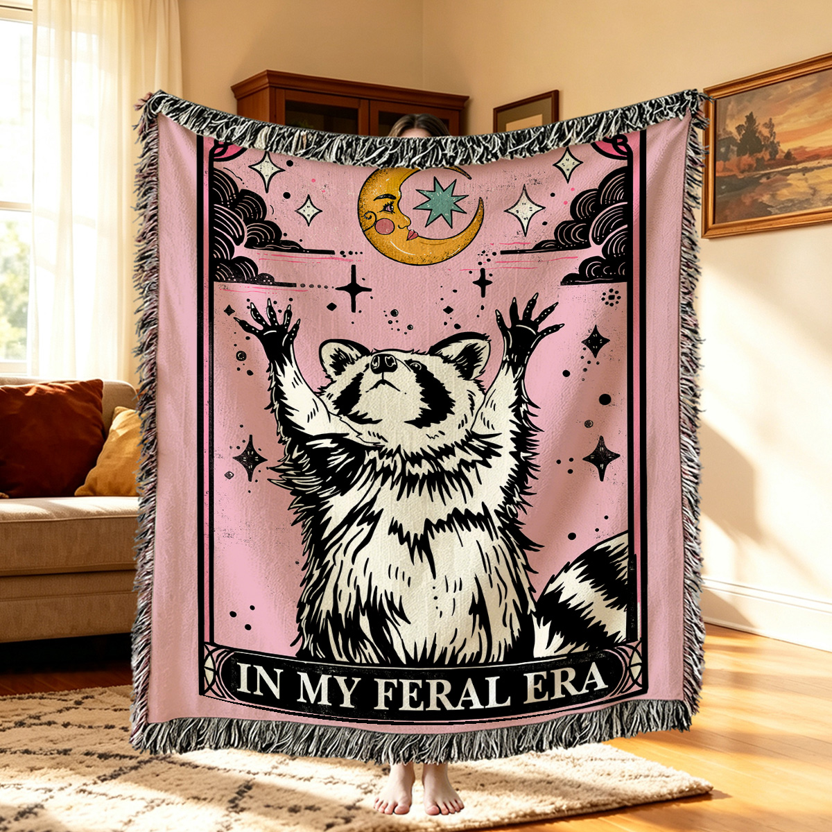 Purplehecate The In My Feral Era Tarot Raccoon Woven Tapestry Blanket