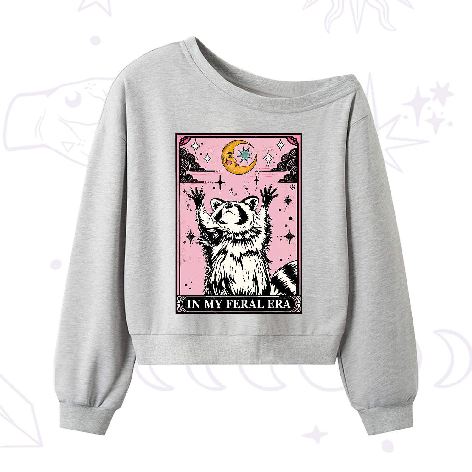 Purplehecate The In My Feral Era Tarot Raccoon One Shoulder Sweatshirt