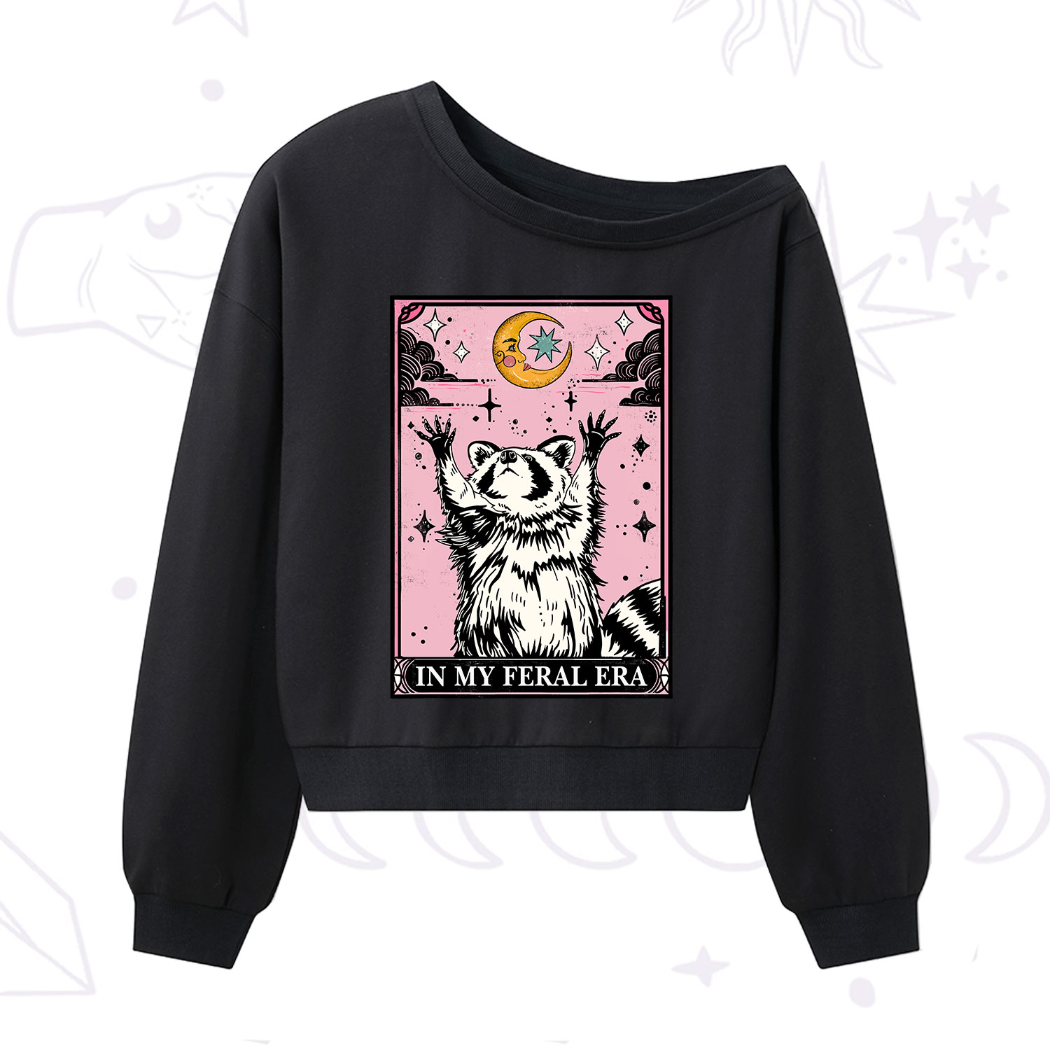 Purplehecate The In My Feral Era Tarot Raccoon One Shoulder Sweatshirt