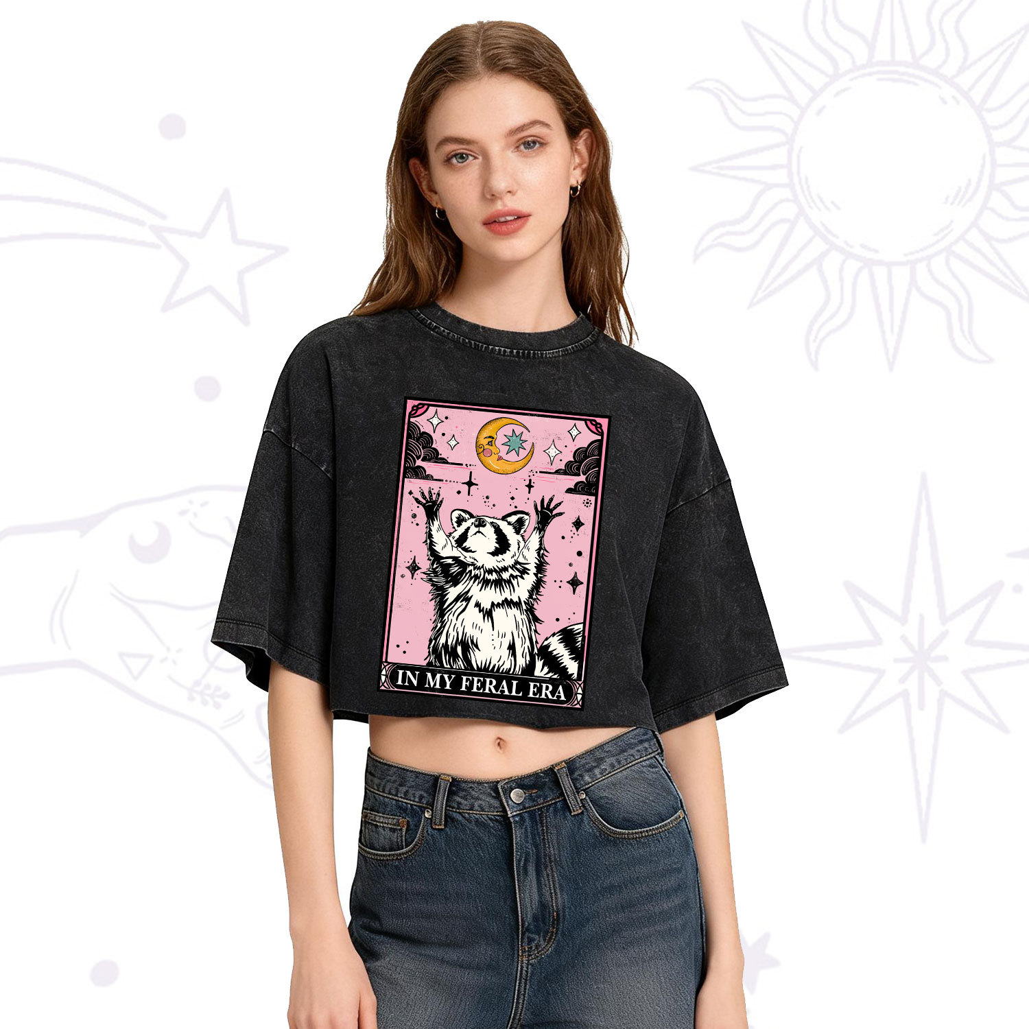Purplehecate The In My Feral Era Tarot Raccoon Washed Cropped T-Shirt