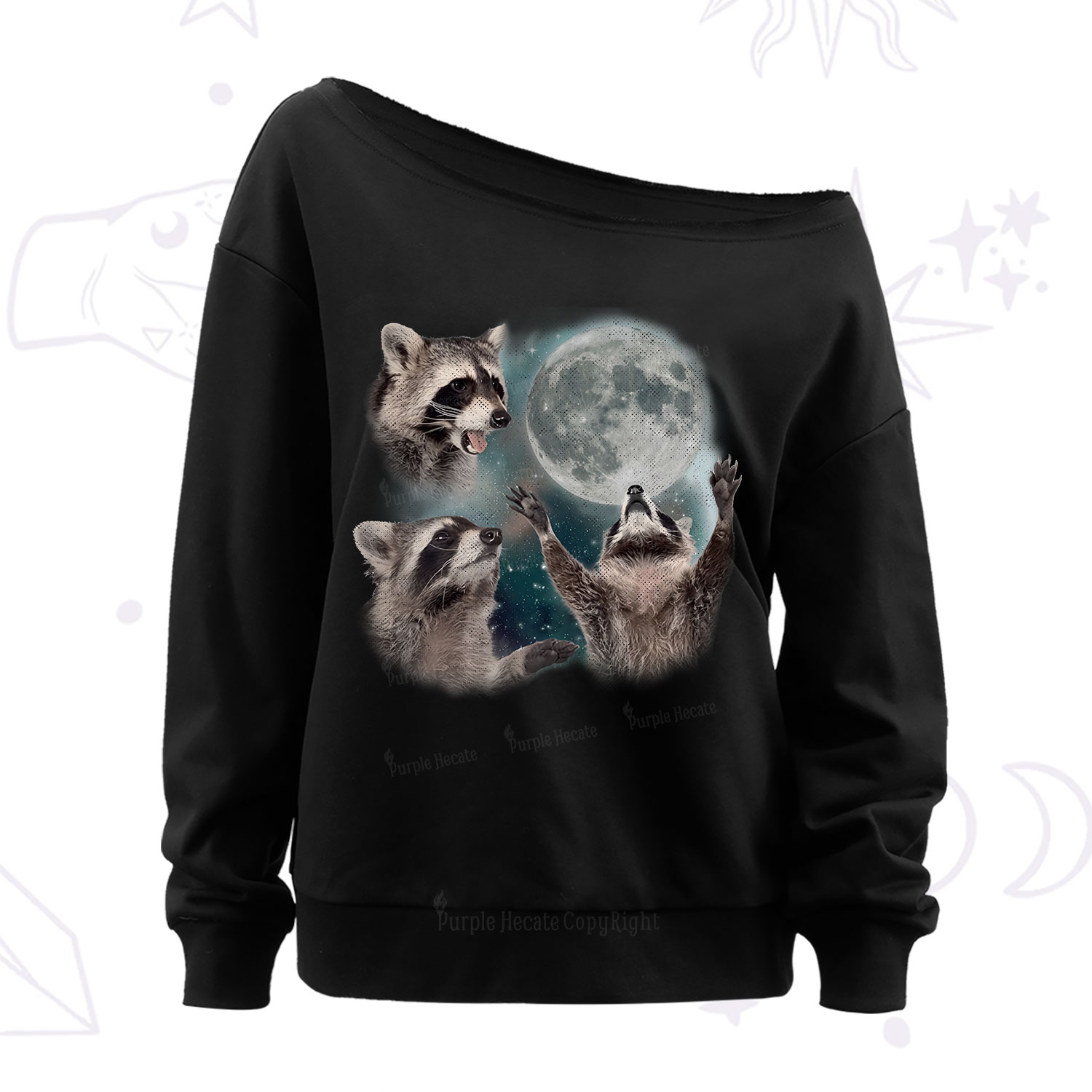 Purplehecate Three Raccoons Retro Graphic Off The Shoulder Sweatshirt