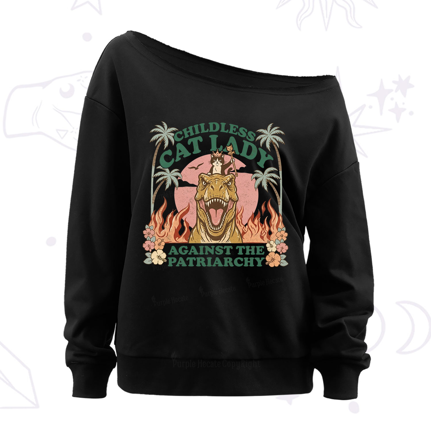 Purplehecate Childless Cat Lady Burn the Patriarchy Off The Shoulder Sweatshirt