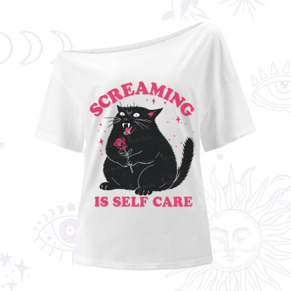Purplehecate Funny Cat Screaming Is Self Care One Shoulder T-Shirt