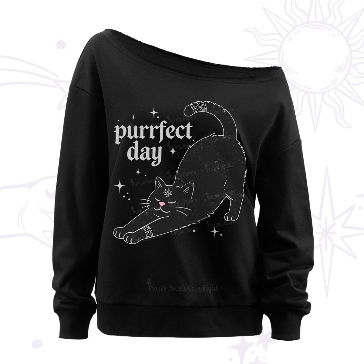 Purplehecate Purrfect Day Black Cat Off The Shoulder Sweat