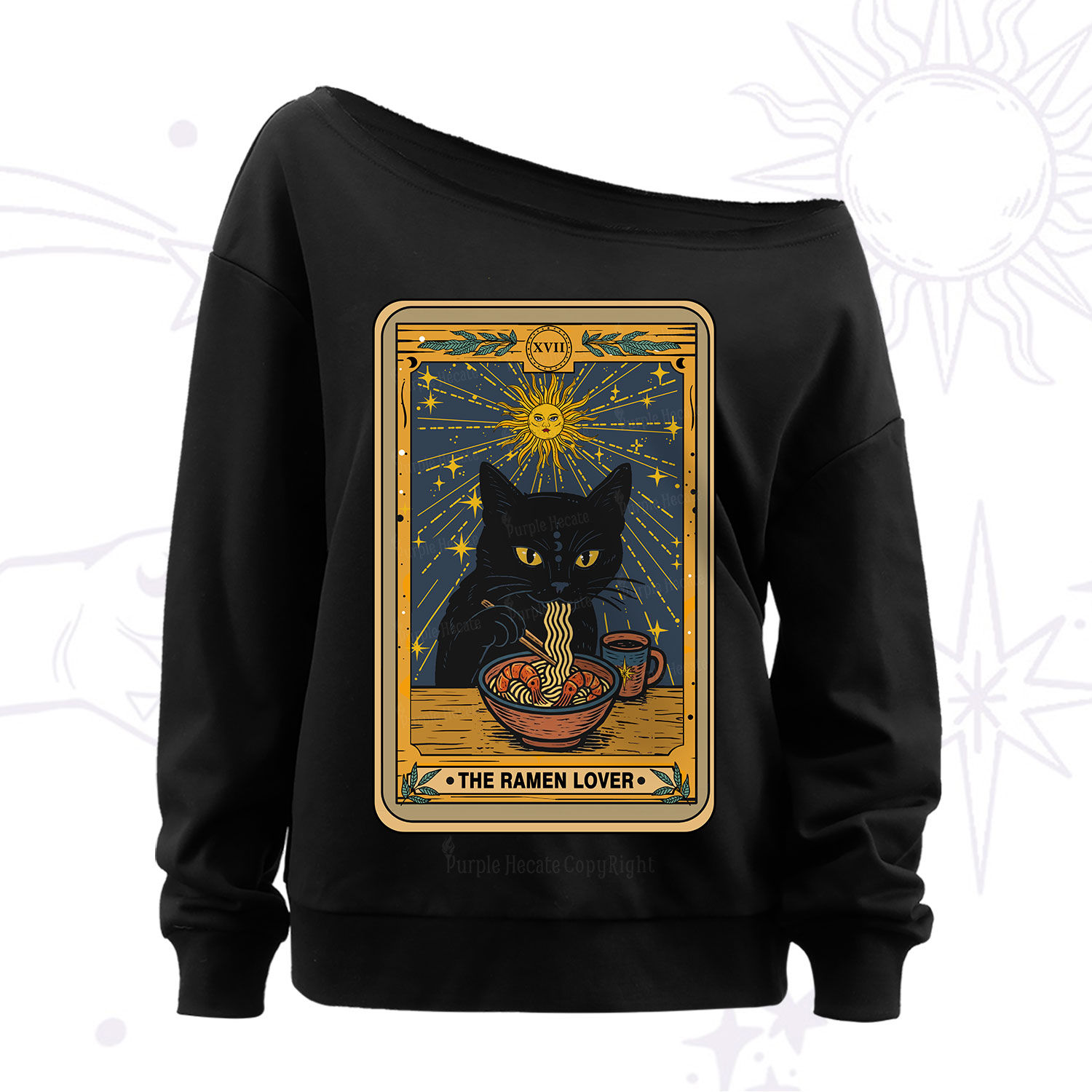 Purplehecate The Ramen Lover Cat Tarot Off The Shoulder Sweatshirt