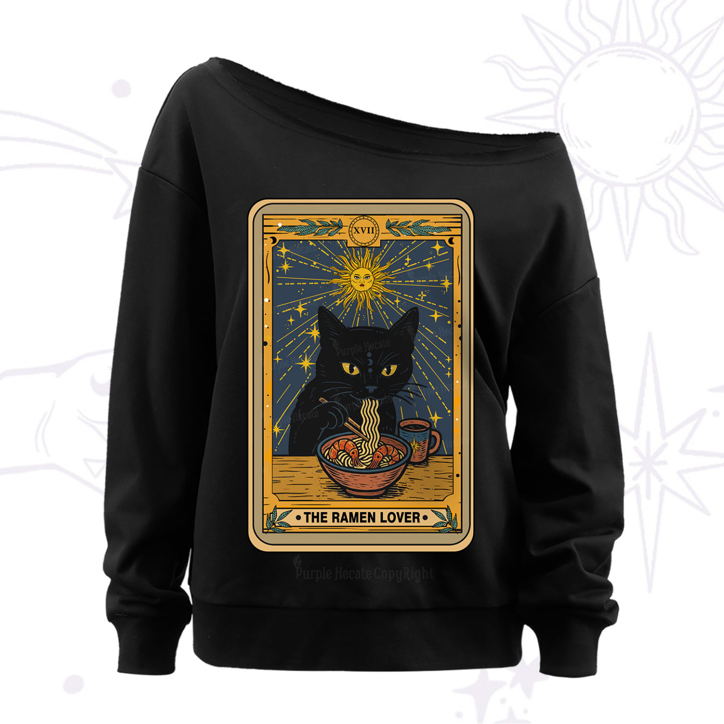 Purplehecate The Ramen Lover Cat Tarot Off The Shoulder Sweat