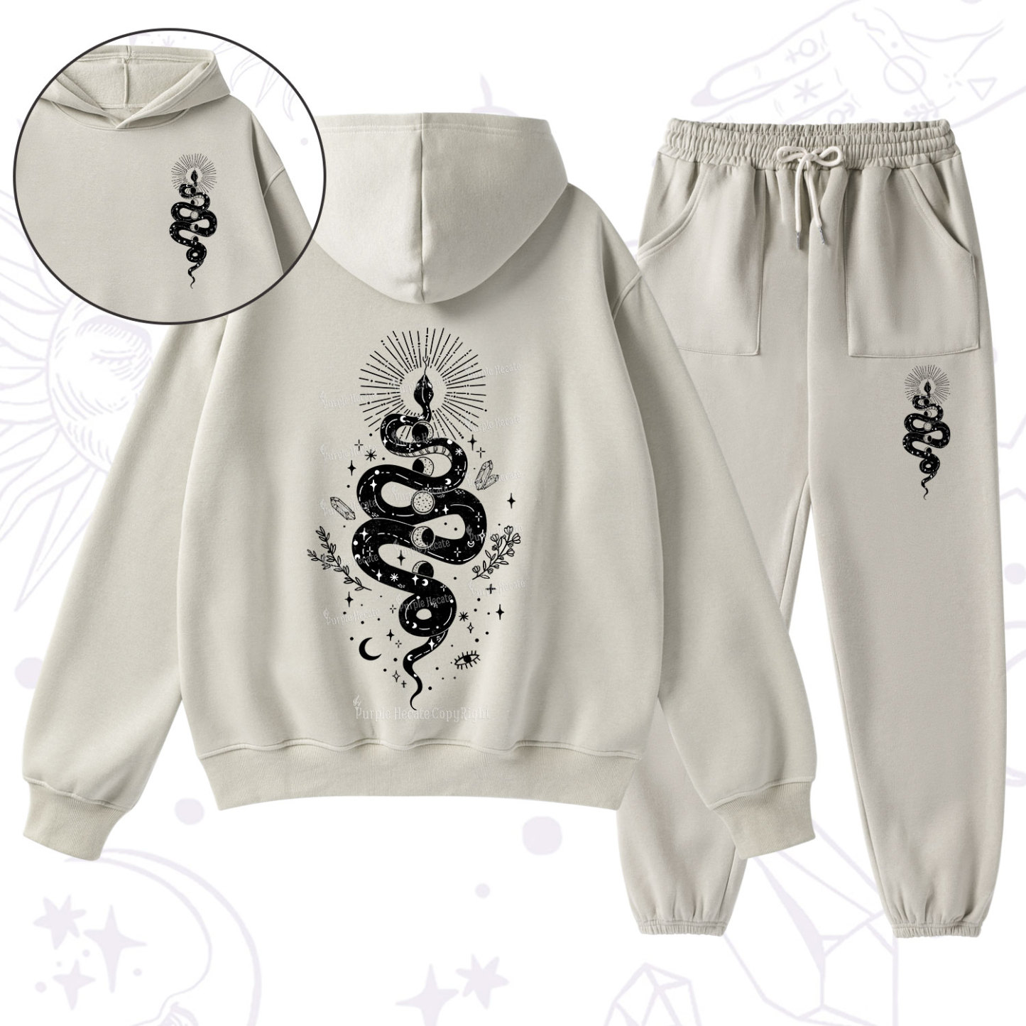 Purplehecate Mystical Moon Phases Snake Fleece Hoodie Suit