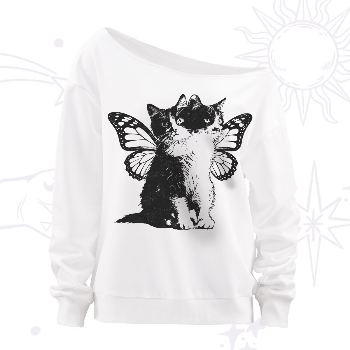 Purplehecate Mystery Butterfly Cat Off The Shoulder Sweatshirt