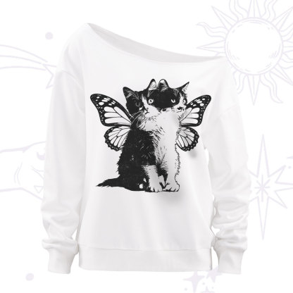 Purplehecate Mystery Butterfly Cat Off The Shoulder Sweatshirt