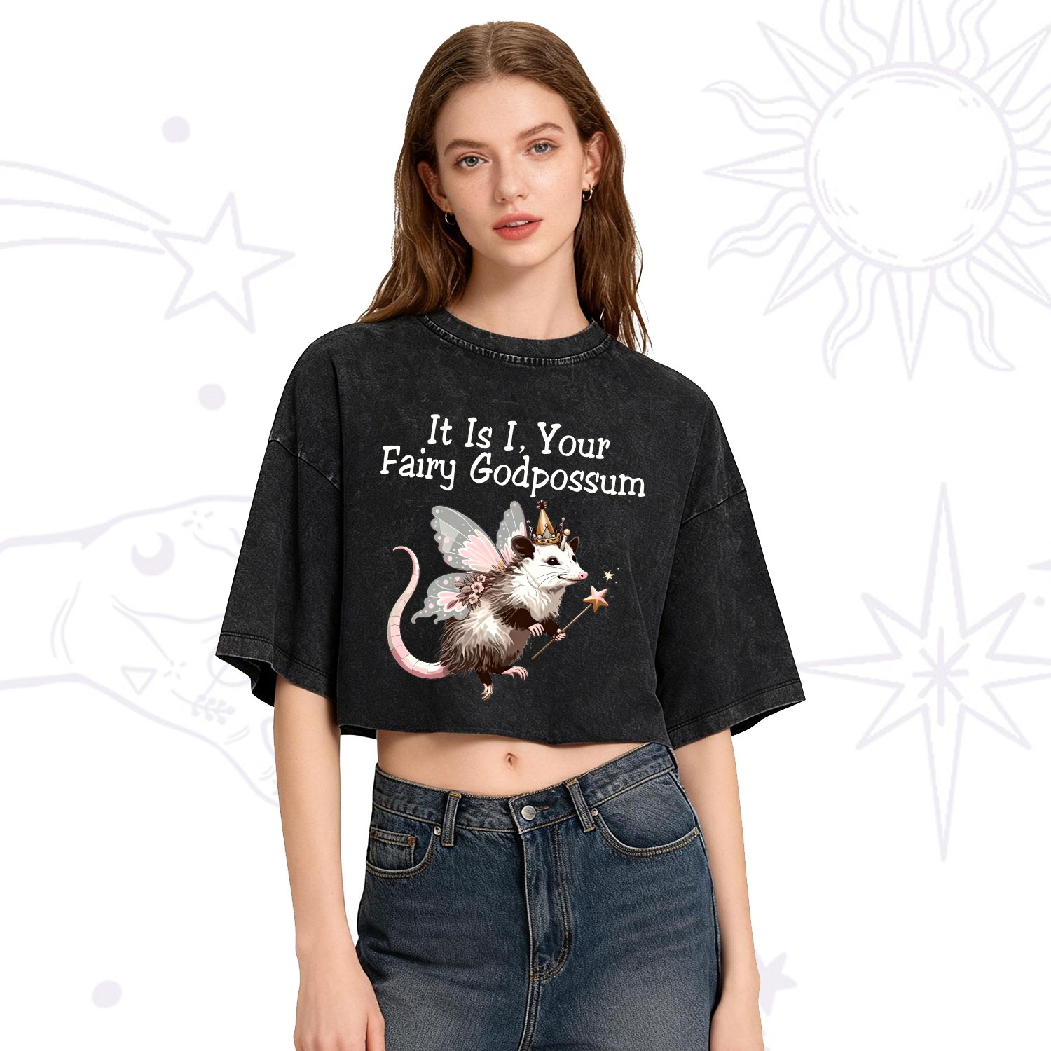 Purplehecate It Is I Your Fairy Godpossum Washed Cropped T-Shirt