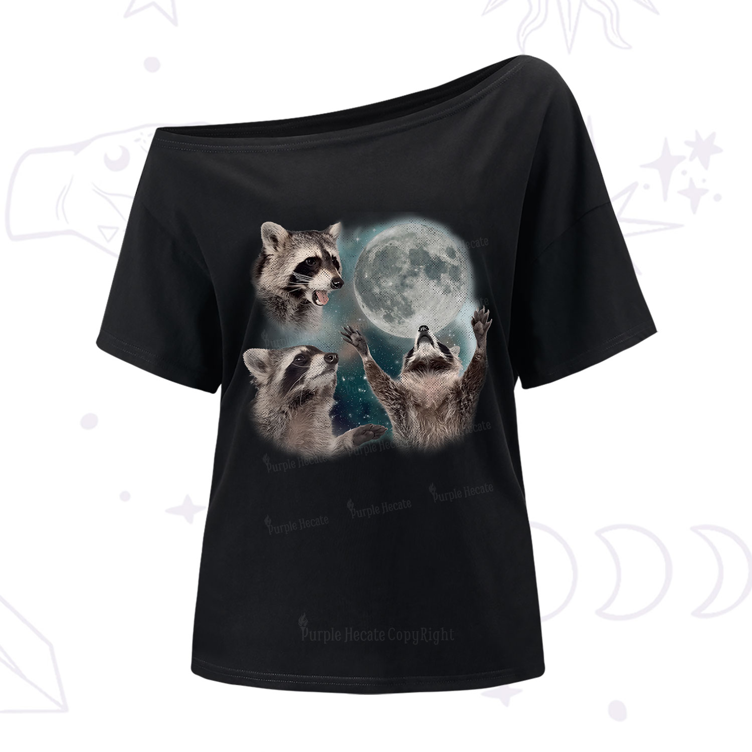 Purplehecate Three Raccoons Retro Graphic One Shoulder T-Shirt