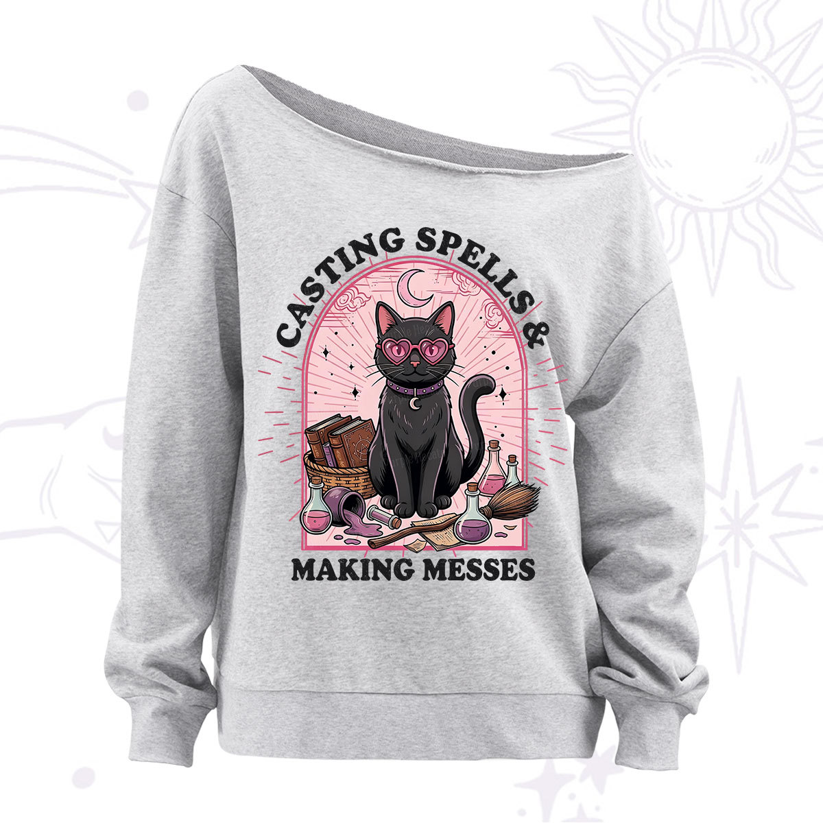Purplehecate Casting Spells Making Messes Cat Off The Shoulder Sweatshirt