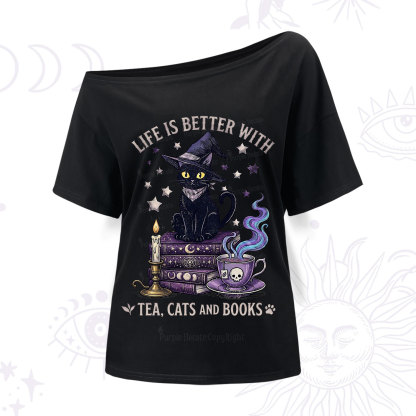 Purplehecate Life Is Better With Cats And Books One Shoulder T-Shirt