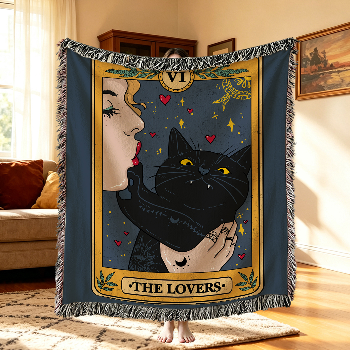 Purplehecate The Lovers Cat Tarot Woven Tapestry Blanket