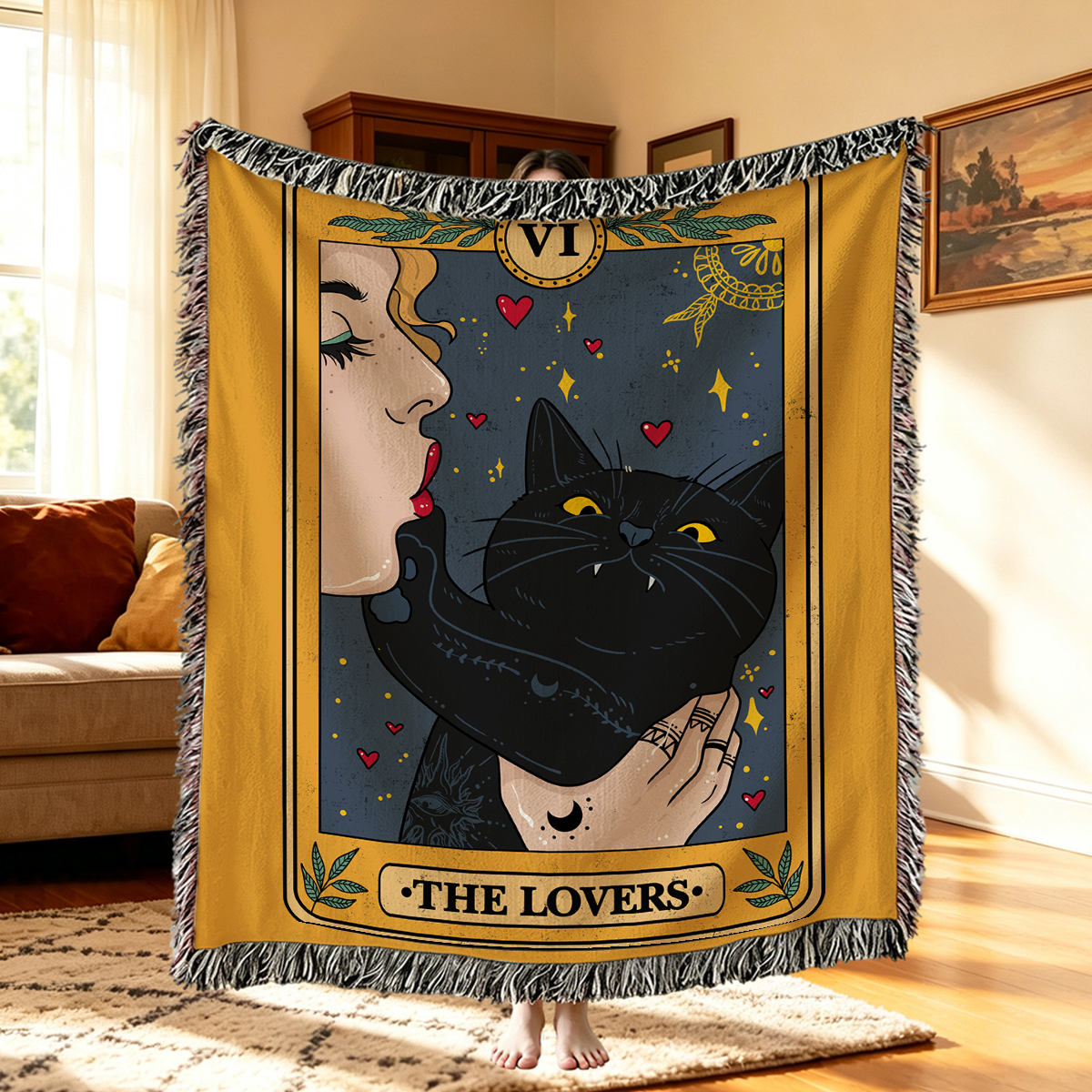 Purplehecate The Lovers Cat Tarot Woven Tapestry Blanket