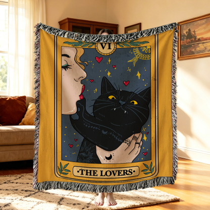 Purplehecate The Lovers Cat Tarot Woven Tapestry Blanket