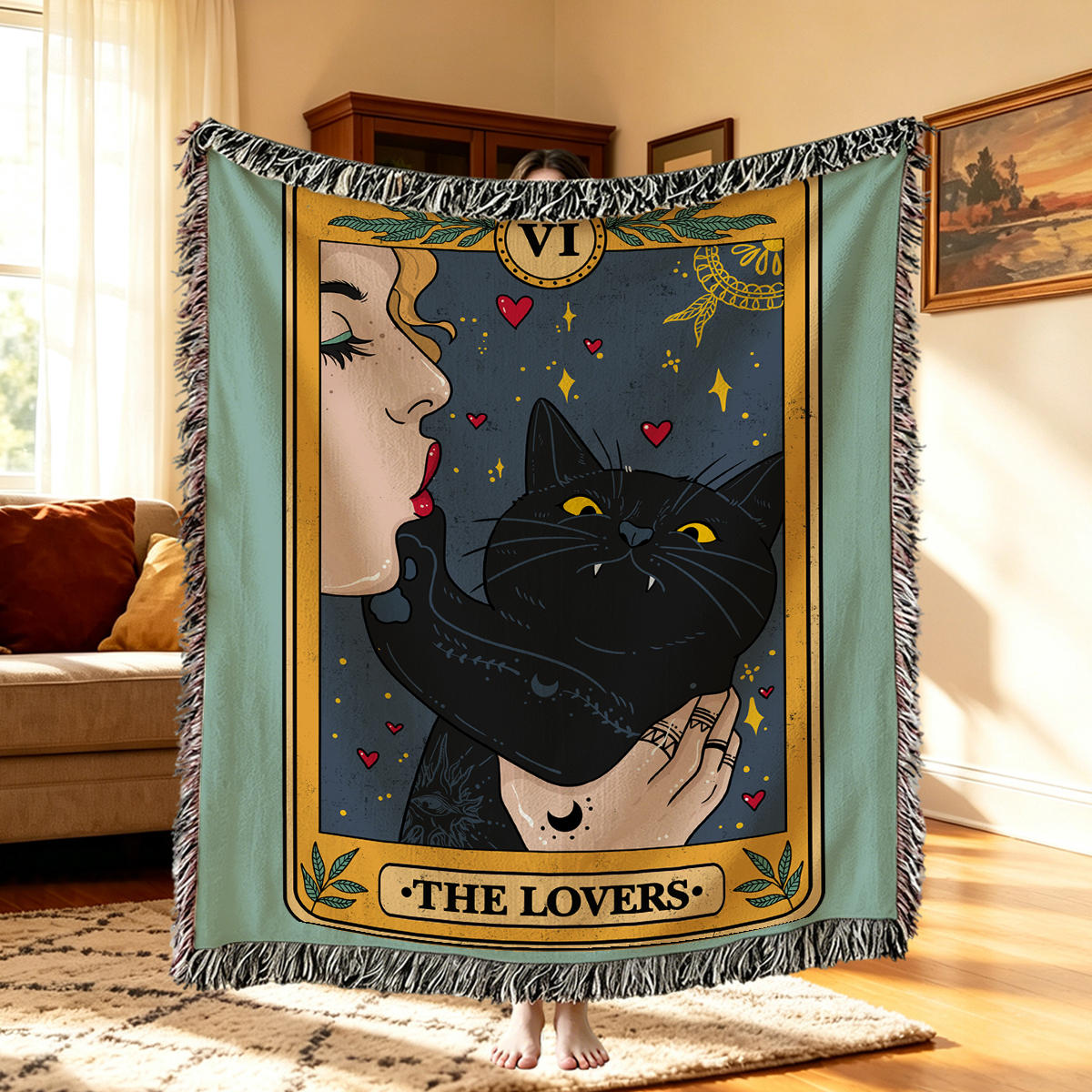 Purplehecate The Lovers Cat Tarot Woven Tapestry Blanket
