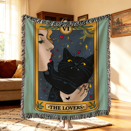 Purplehecate The Lovers Cat Tarot Woven Tapestry Blanket