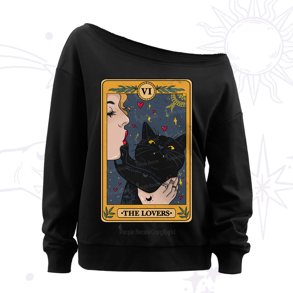 Purplehecate The Lovers Cat Tarot Off The Shoulder Sweatshirt