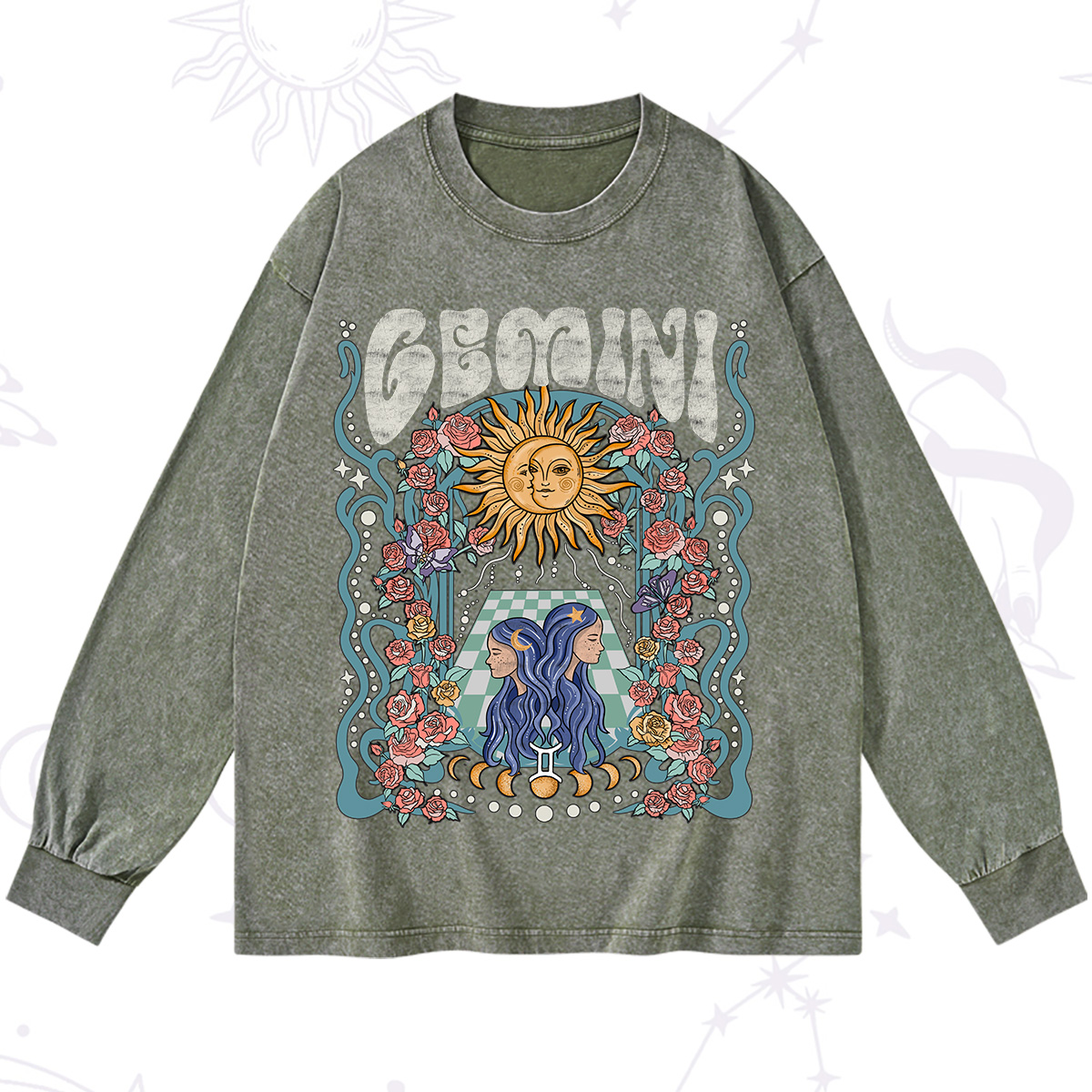 Purplehecate Gemini Spirit Zodiac Washed Long Sleeve Shirt