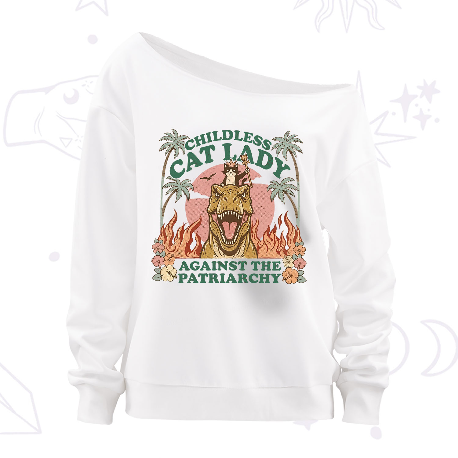 Purplehecate Childless Cat Lady Burn the Patriarchy Off The Shoulder Sweatshirt